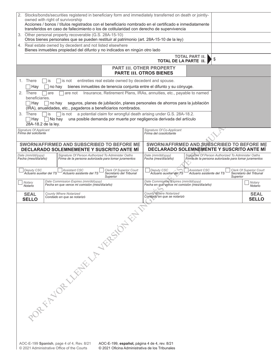 Form AOC-E-199 Application for Probate (Without Qualification of a Personal Representative) - North Carolina (English / Spanish), Page 4