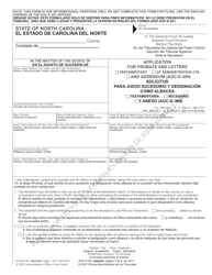 Document preview: Form AOC-E-201 Application for Probate and Letters Testamentary/Of Administration Cta - North Carolina (English/Spanish)