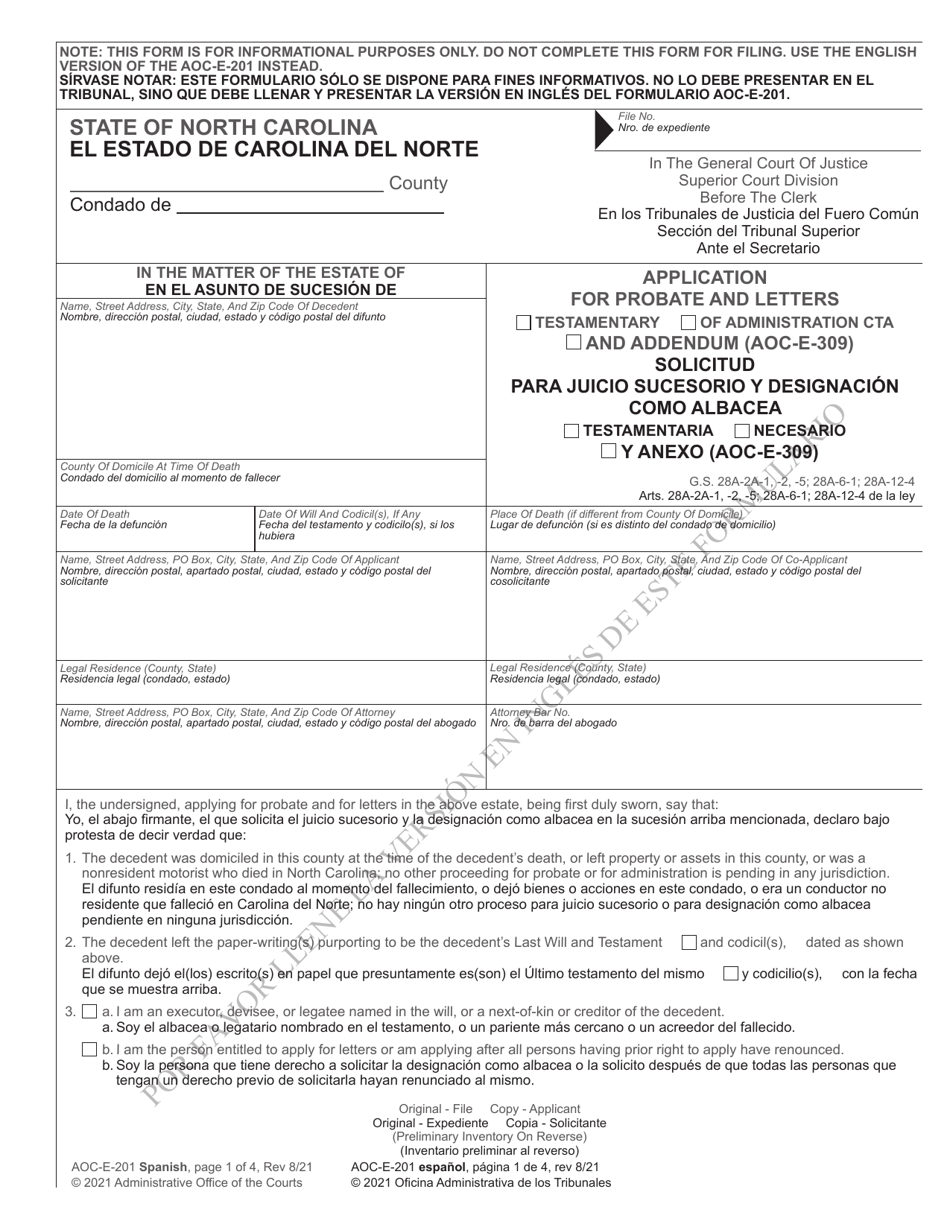 Form AOC-E-201 Application for Probate and Letters Testamentary / Of Administration Cta - North Carolina (English / Spanish), Page 1