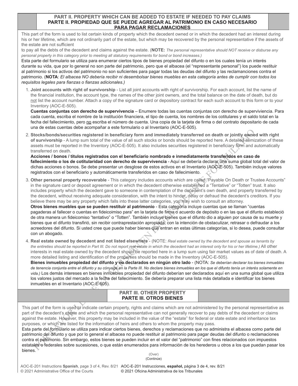 Instructions for Form AOC-E-201 Application for Probate and Letters Testamentary / Of Administration Cta - North Carolina (English / Spanish), Page 3