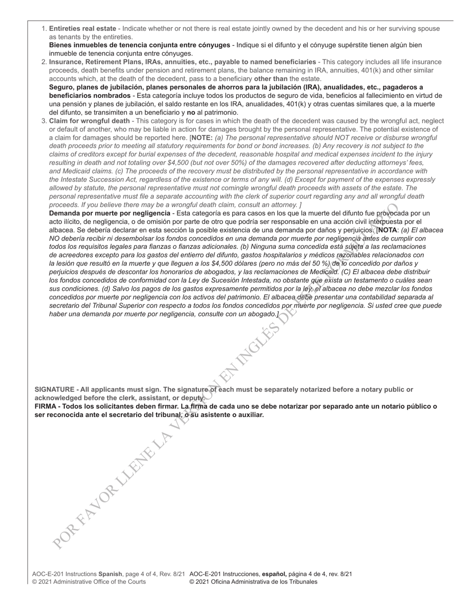 Instructions for Form AOC-E-201 Application for Probate and Letters Testamentary / Of Administration Cta - North Carolina (English / Spanish), Page 4