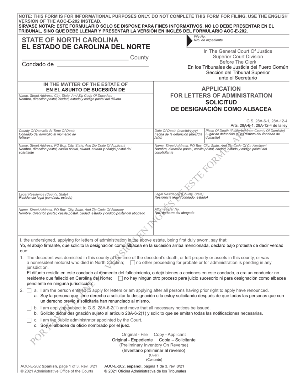 Form AOC-E-202 Application for Letters of Administration - North Carolina (English / Spanish), Page 1
