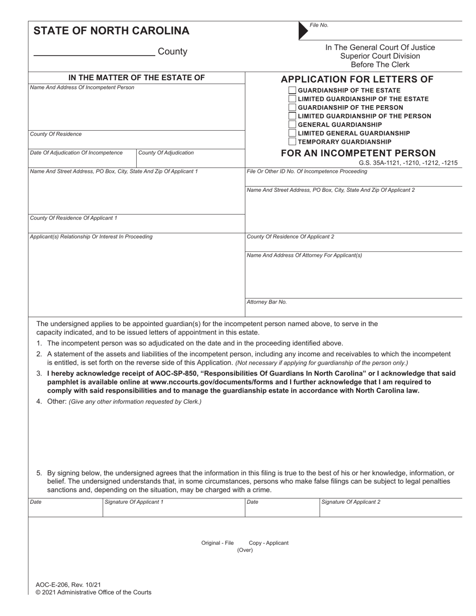 Form AOC-E-206 Application for Letters of Guardianship for an Incompetent Person - North Carolina, Page 1