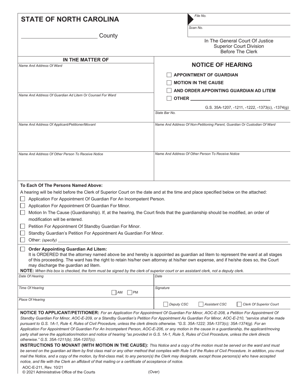 Form AOC-E-211 Notice of Hearing - North Carolina, Page 1