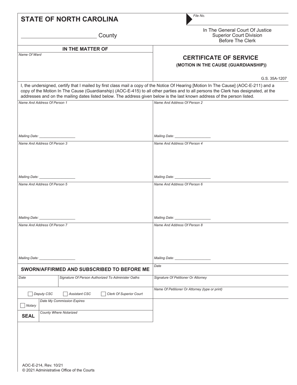 Form AOC-E-214 Certificate of Service (Motion in the Cause (Guardianship)) - North Carolina, Page 1