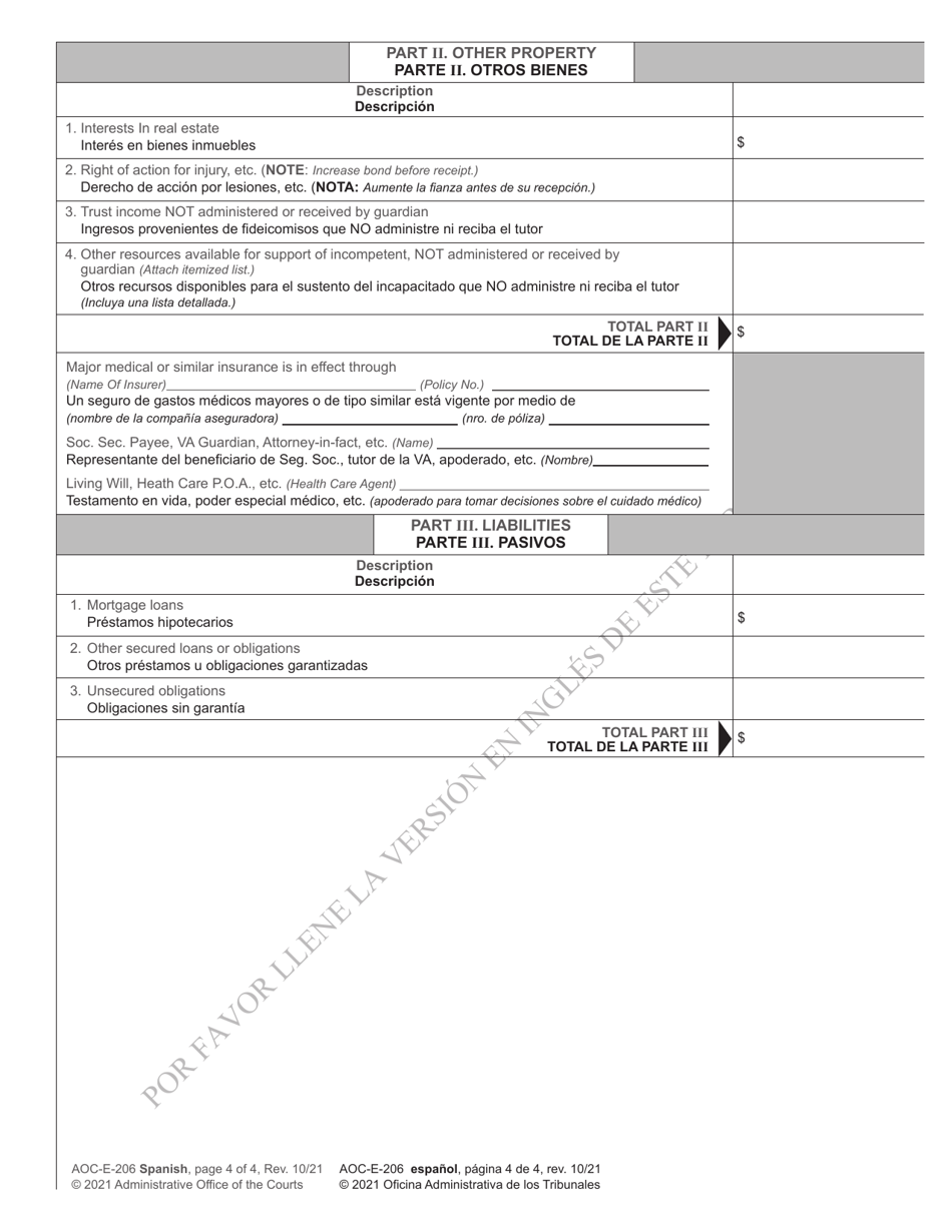 Form AOC-E-206 Application for Letters of Guardianship for an Incompetent Person - North Carolina (English / Spanish), Page 4