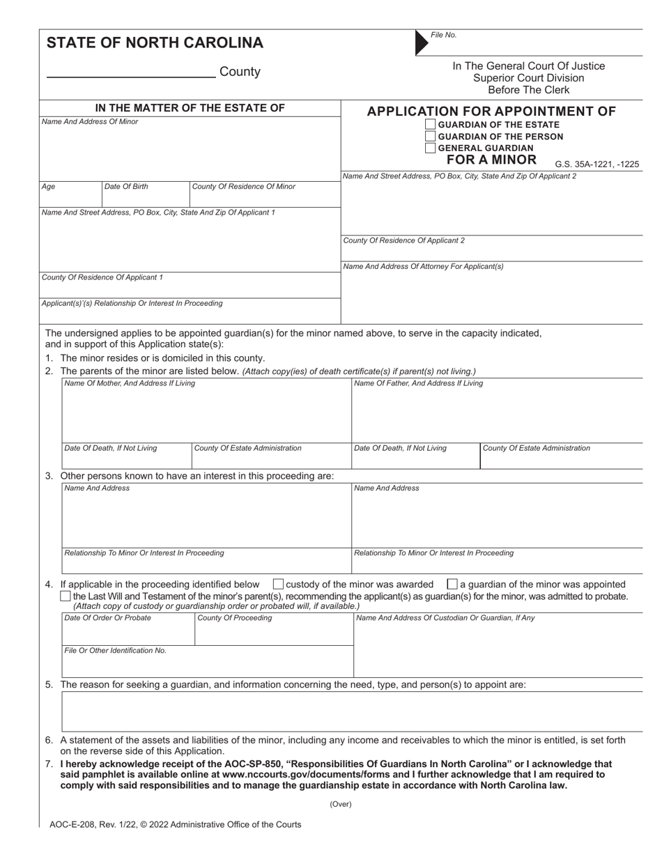 Form AOC-E-208 Application for Appointment of Guardian for a Minor - North Carolina, Page 1