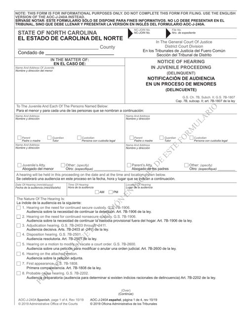 Form AOC-J-240A Notice of Hearing in Juvenile Proceeding (Delinquent) - North Carolina (English/Spanish)