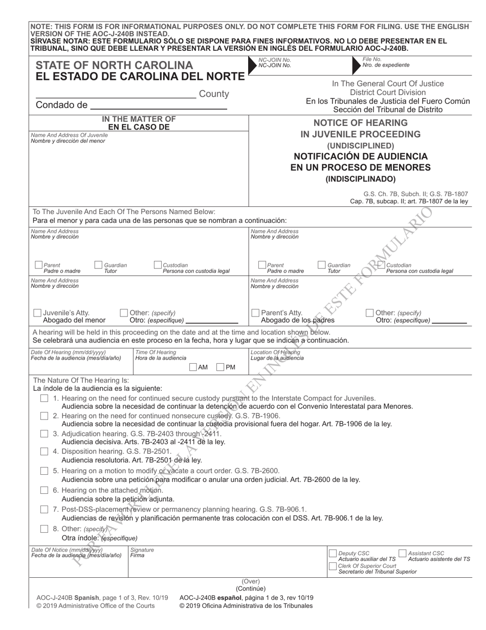Form AOC-J-240B Notice of Hearing in Juvenile Proceeding (Undisciplined) - North Carolina (English / Spanish), Page 1