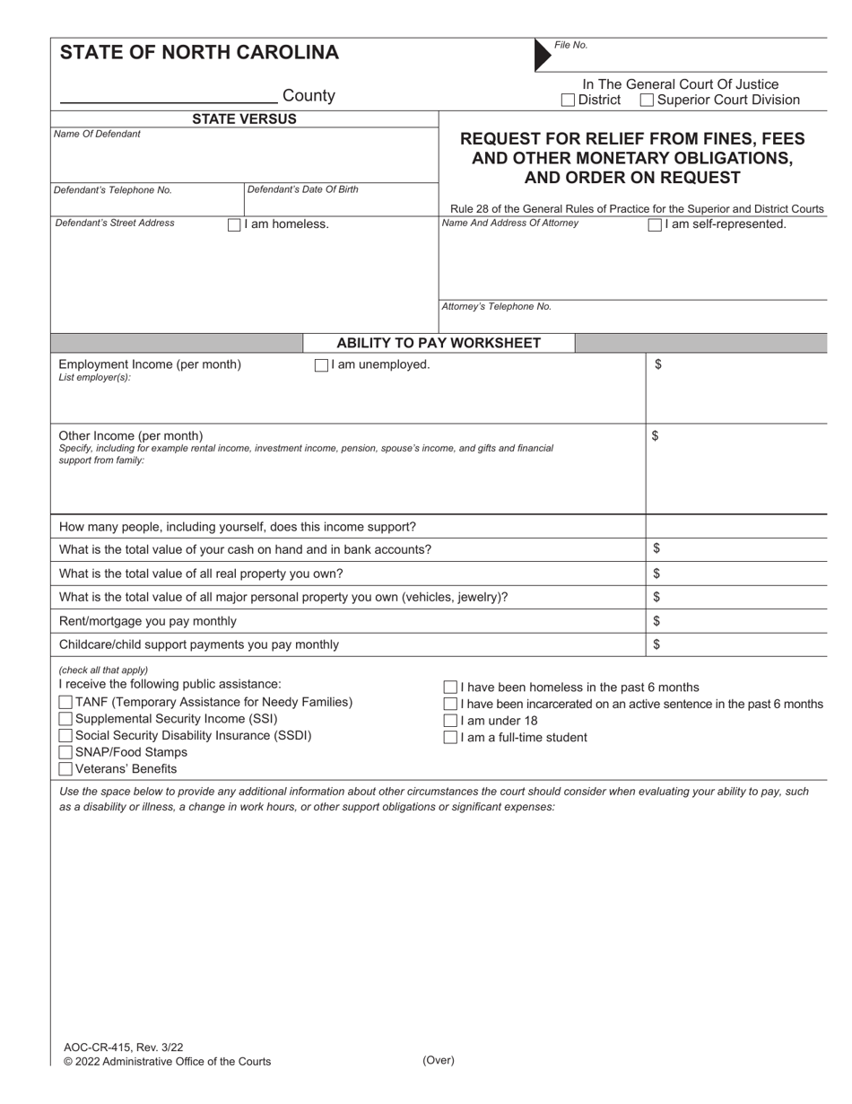 Form AOC-CR-415 Request for Relief From Fines, Fees and Other Monetary Obligations, and Order on Request - North Carolina, Page 1