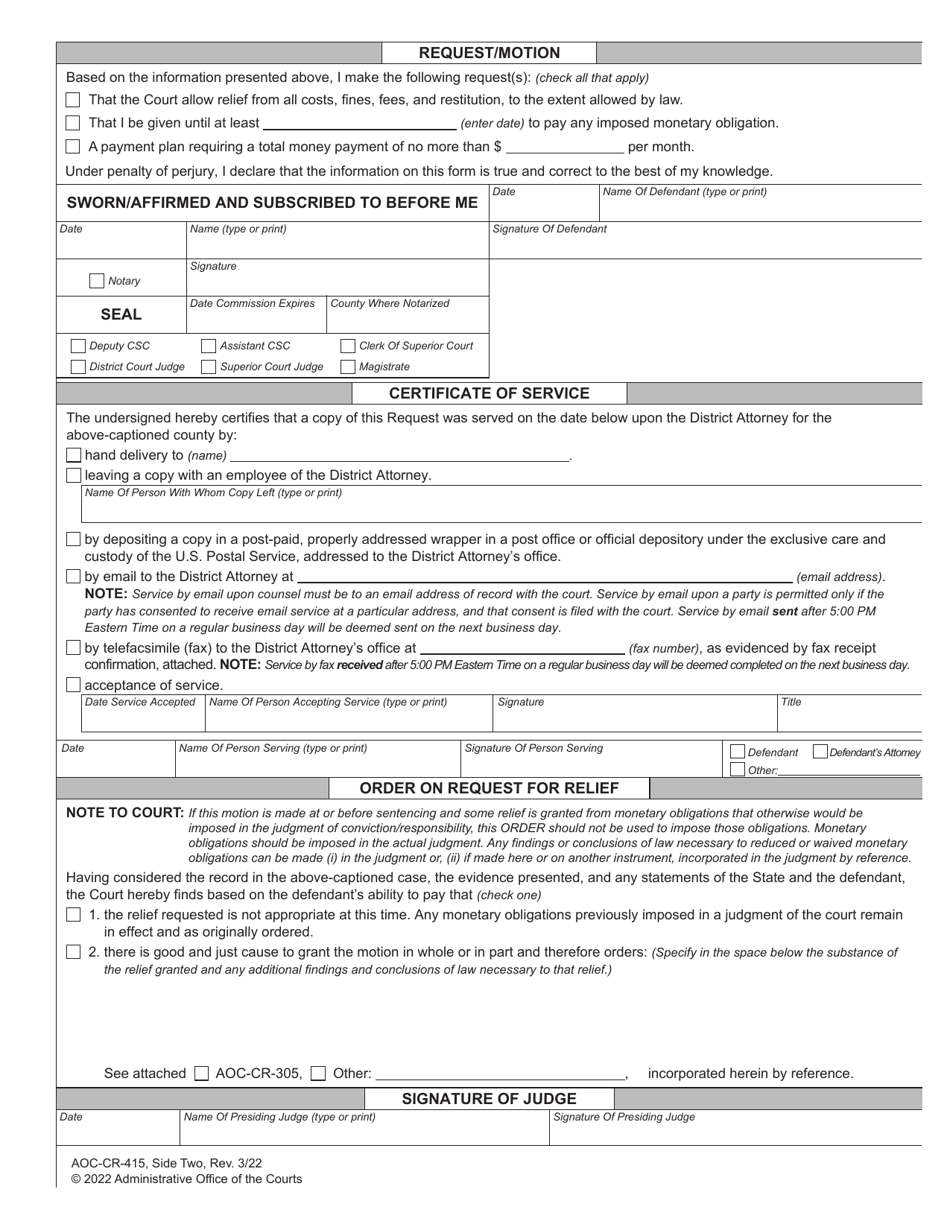 Form Aoc Cr 415 Download Fillable Pdf Or Fill Online Request For Relief From Fines Fees And 5271