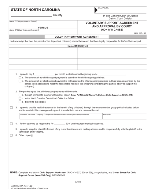 Form AOC-CV-607 Voluntary Support Agreement and Approval by Court (Non-IV-D Cases) - North Carolina