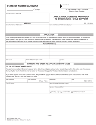 Document preview: Form AOC-CV-608 Application, Summons and Order to Show Cause - Child Support - North Carolina