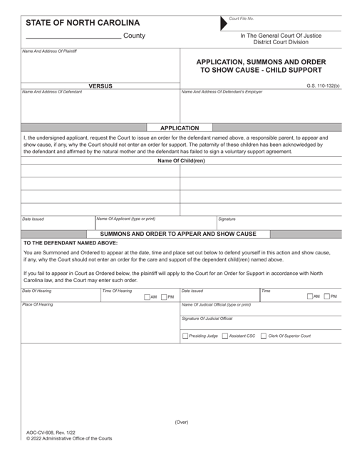 Form AOC-CV-608 Application, Summons and Order to Show Cause - Child Support - North Carolina