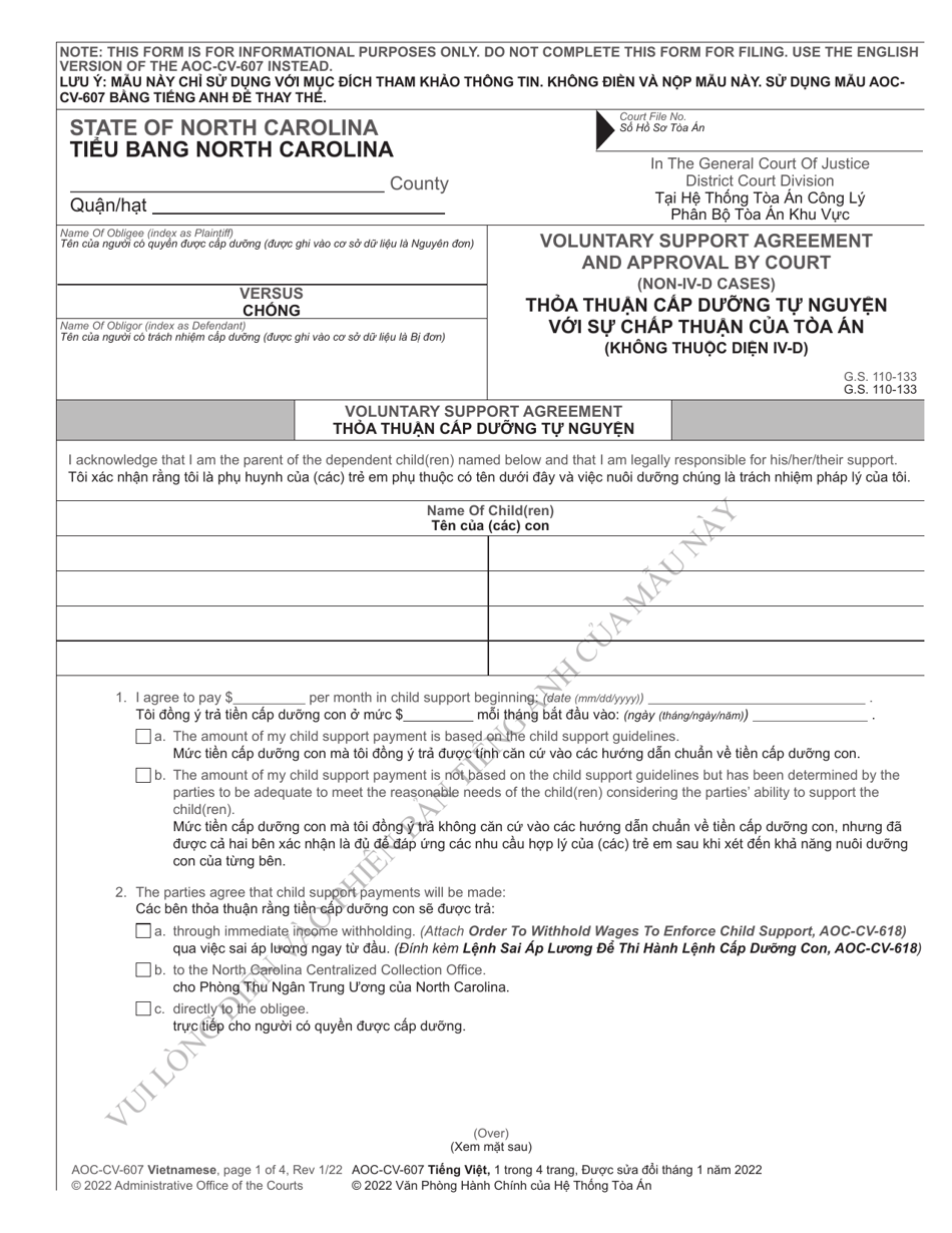 Form AOC-CV-607 Voluntary Support Agreement and Approval by Court (Non-IV-D Cases) - North Carolina (English / Vietnamese), Page 1