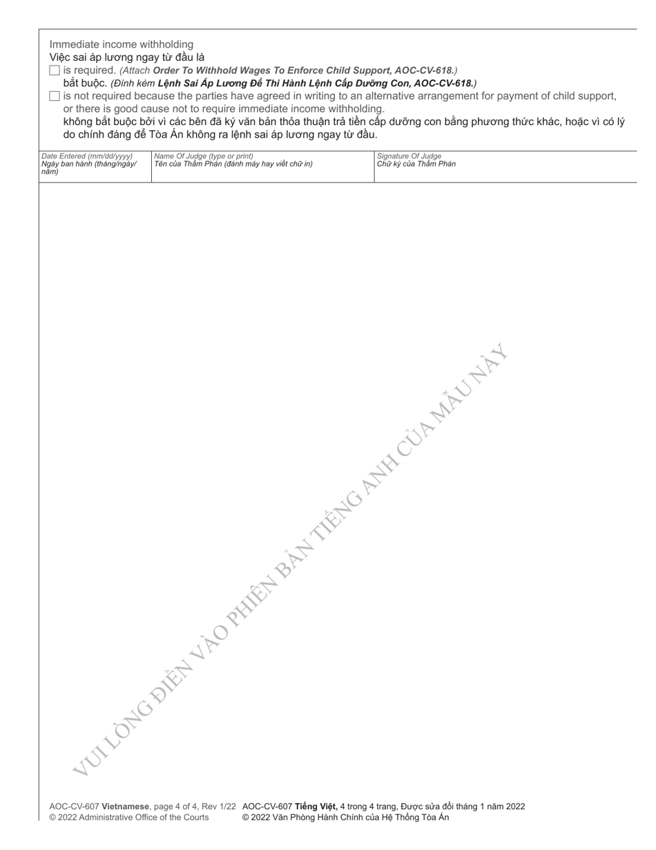 Form AOC-CV-607 Voluntary Support Agreement and Approval by Court (Non-IV-D Cases) - North Carolina (English / Vietnamese), Page 4