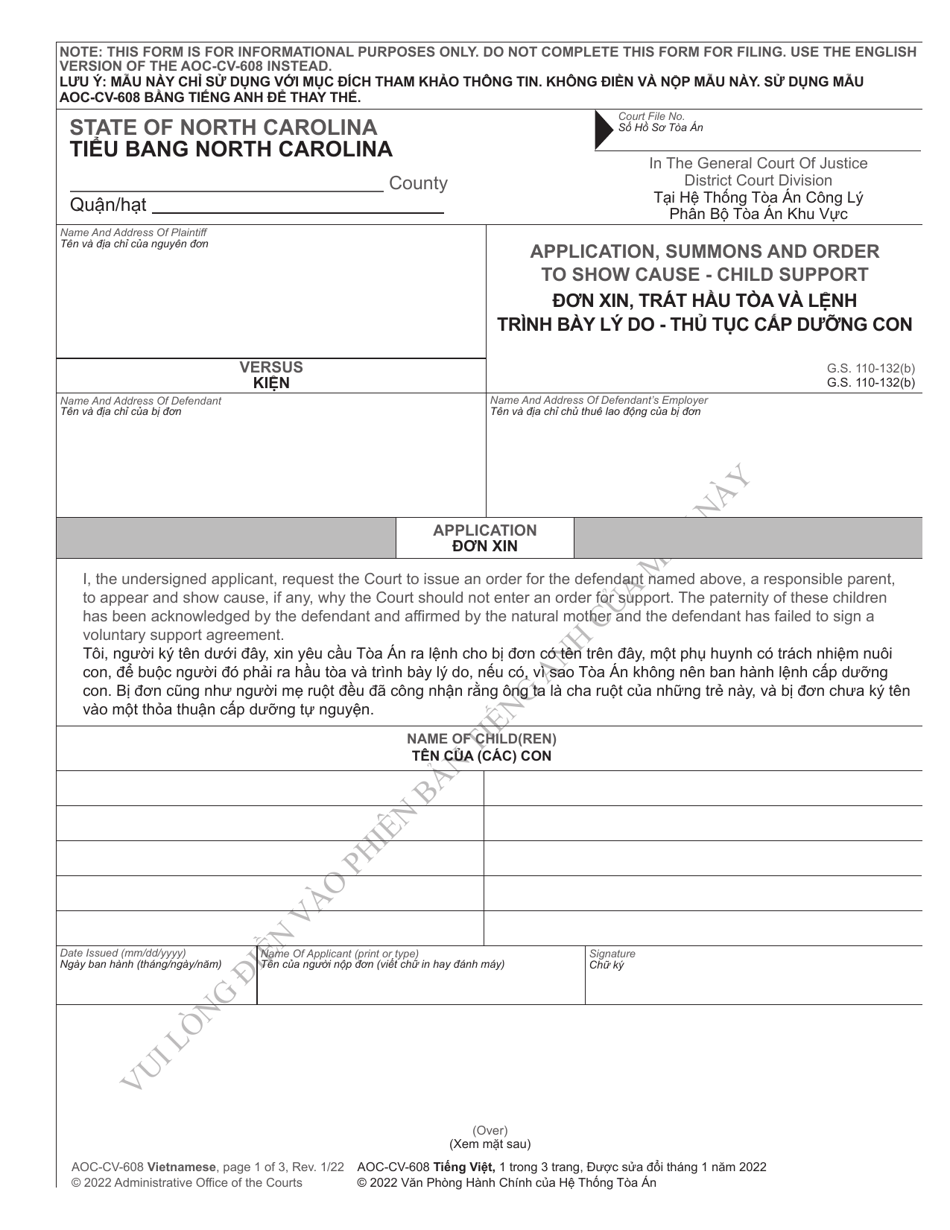 Form AOC-CV-608 Application, Summons and Order to Show Cause - Child Support - North Carolina (English / Vietnamese), Page 1
