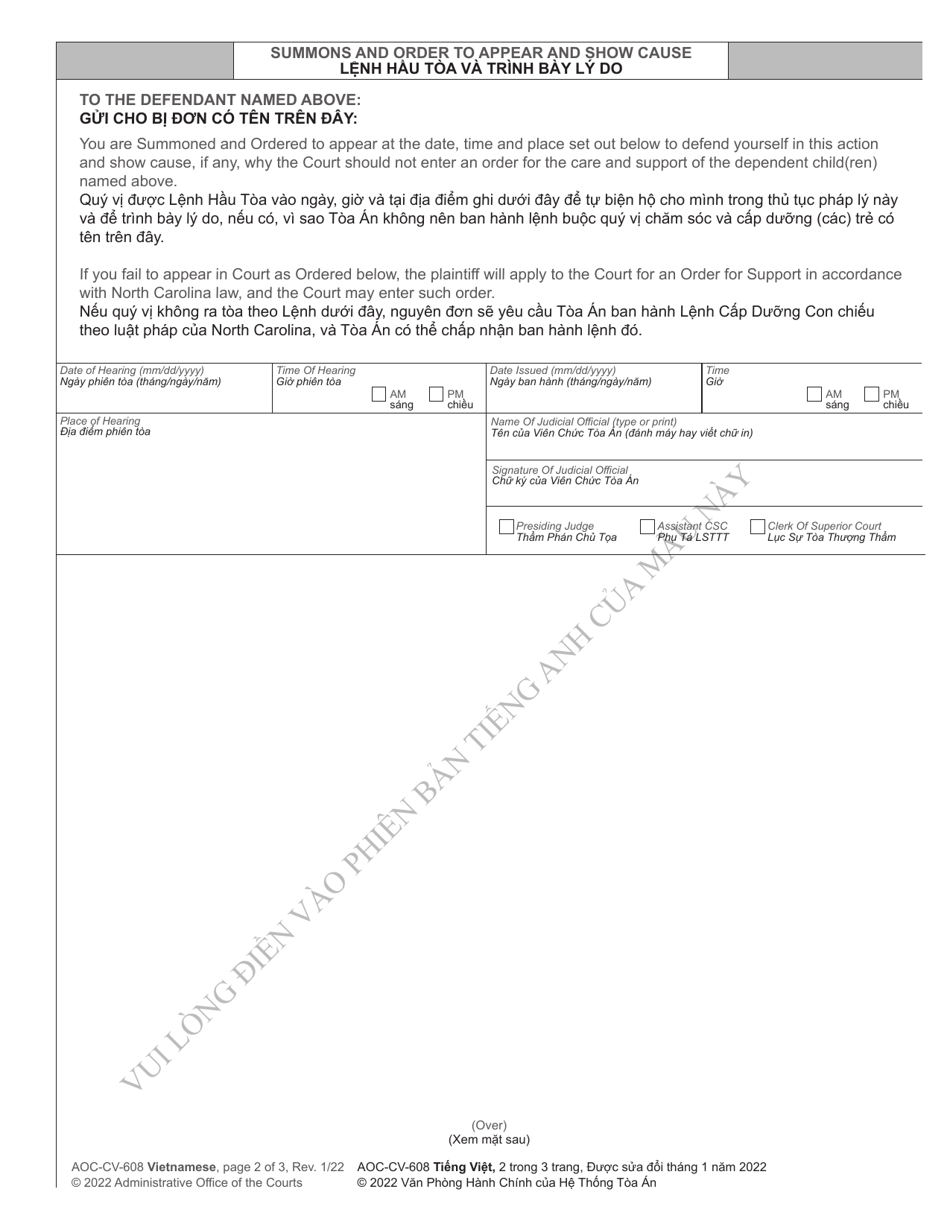 Form AOC-CV-608 Application, Summons and Order to Show Cause - Child Support - North Carolina (English / Vietnamese), Page 2