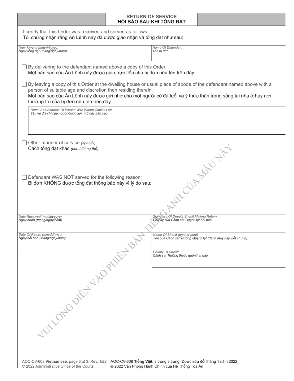 Form AOC-CV-608 Application, Summons and Order to Show Cause - Child Support - North Carolina (English / Vietnamese), Page 3