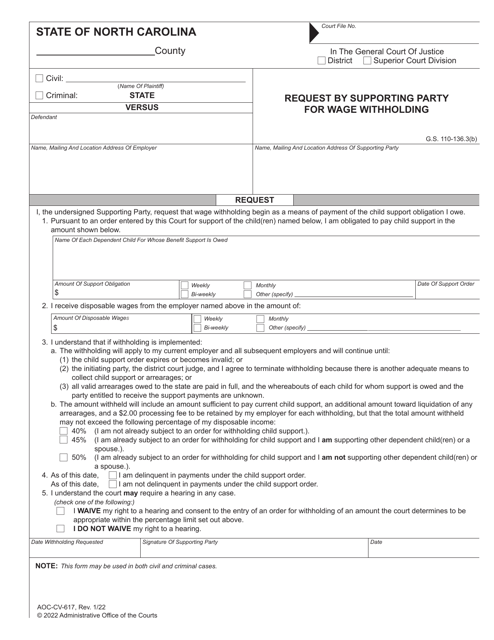 Form AOC-CV-617 Request by Supporting Party for Wage Withholding - North Carolina