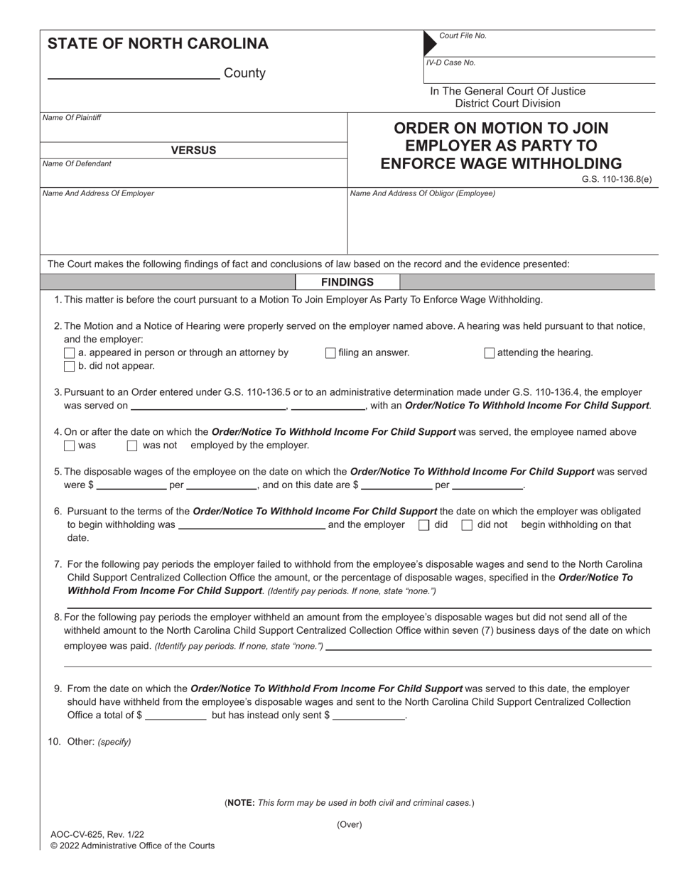 Form AOC-CV-625 Order on Motion to Join Employer as Party to Enforce Wage Withholding - North Carolina, Page 1