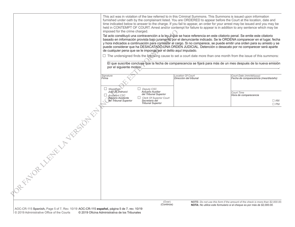 Form AOC-CR-115 Criminal Summons Misdemeanor Worthless Check - North Carolina (English / Spanish), Page 5