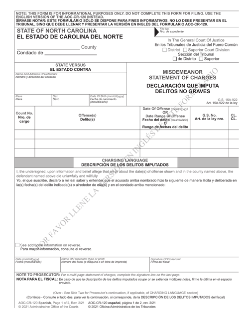 Document preview: Form AOC-CR-120 Misdemeanor Statement of Charges - North Carolina (English/Spanish)