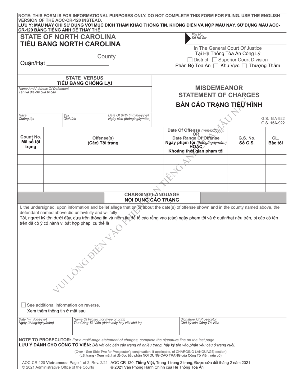 Form AOC-CR-120 Misdemeanor Statement of Charges - North Carolina (English/Vietnamese), Page 1