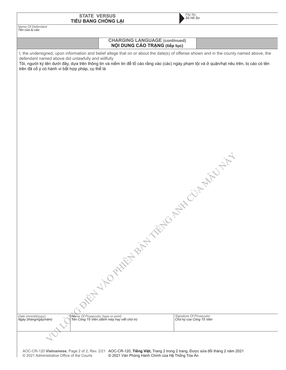 Form AOC-CR-120 Misdemeanor Statement of Charges - North Carolina (English / Vietnamese), Page 2