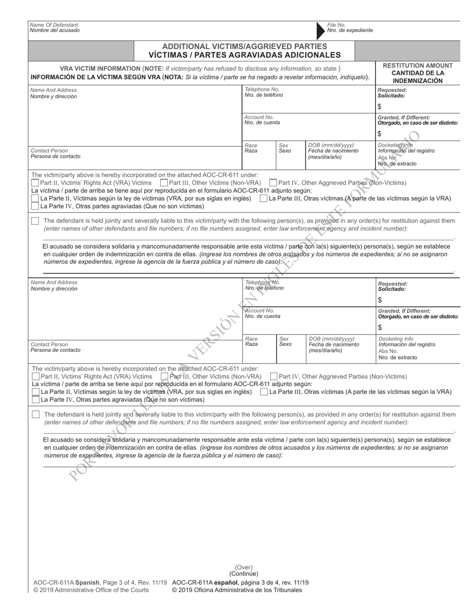 Form AOC-CR-611A Restitution Worksheet Addendum (Initial Sentencing) - North Carolina (English / Spanish), Page 3