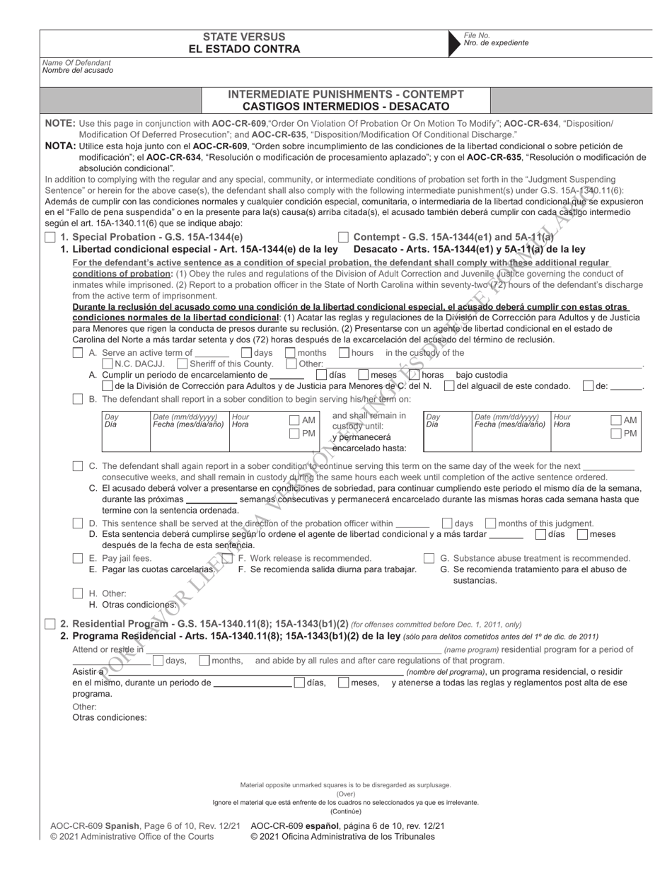 Form AOC-CR-609 Order on Violation of Probation or on Motion to Modify (For All Modifications on or After Dec. 1, 2011) - North Carolina (English / Spanish), Page 6