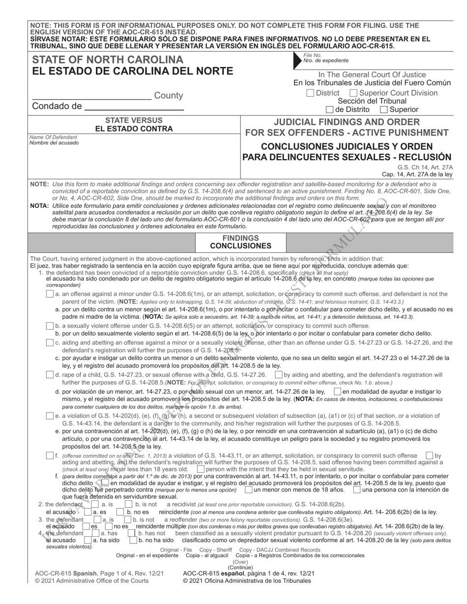 Form AOC-CR-615 Judicial Findings and Order for Sex Offenders - Active Punishment - North Carolina (English / Spanish), Page 1
