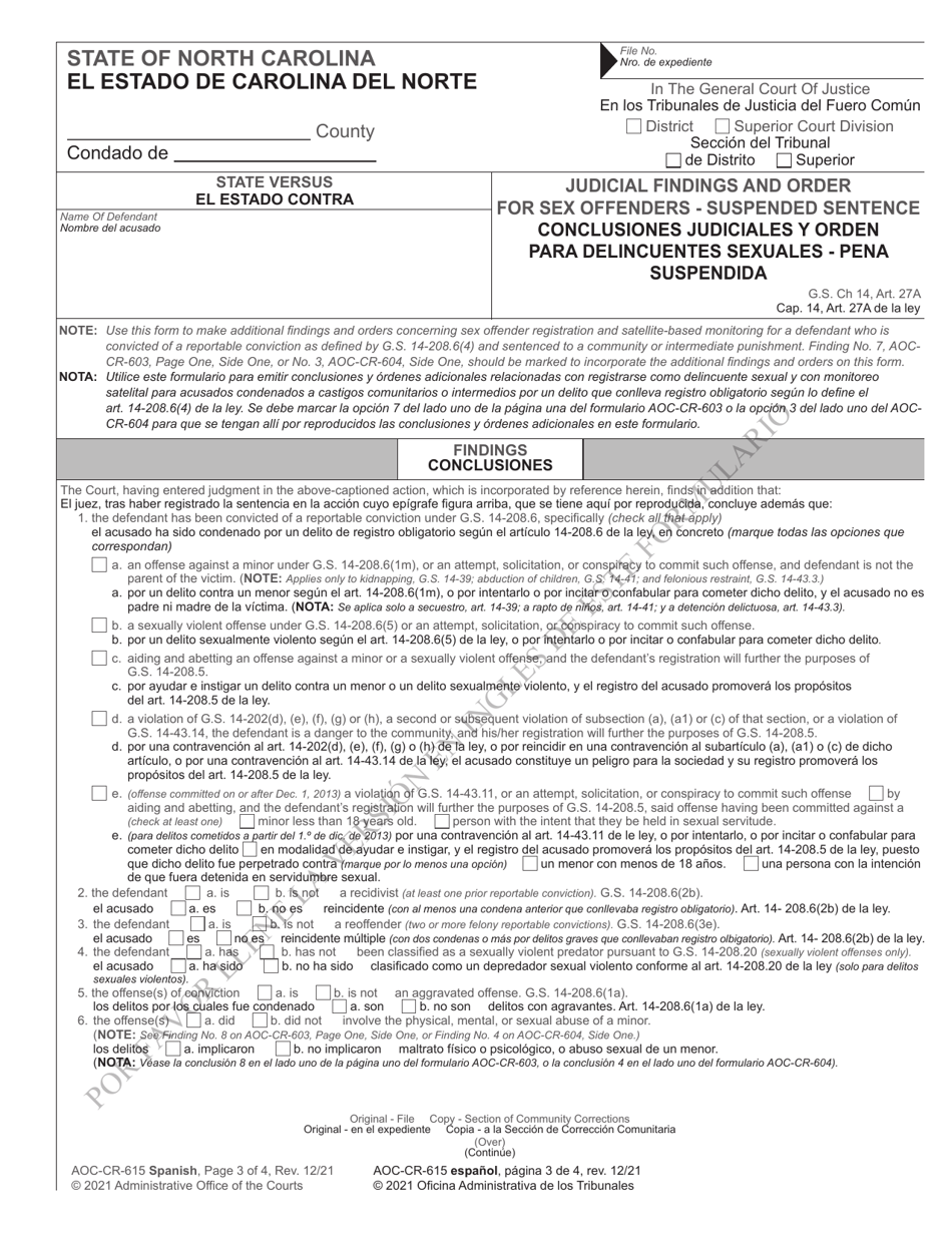 Form AOC-CR-615 Judicial Findings and Order for Sex Offenders - Active Punishment - North Carolina (English / Spanish), Page 3