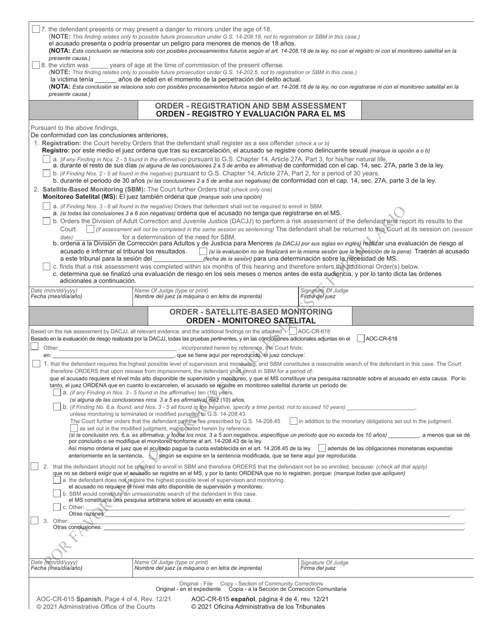 Form AOC-CR-615 Judicial Findings and Order for Sex Offenders - Active Punishment - North Carolina (English / Spanish), Page 4