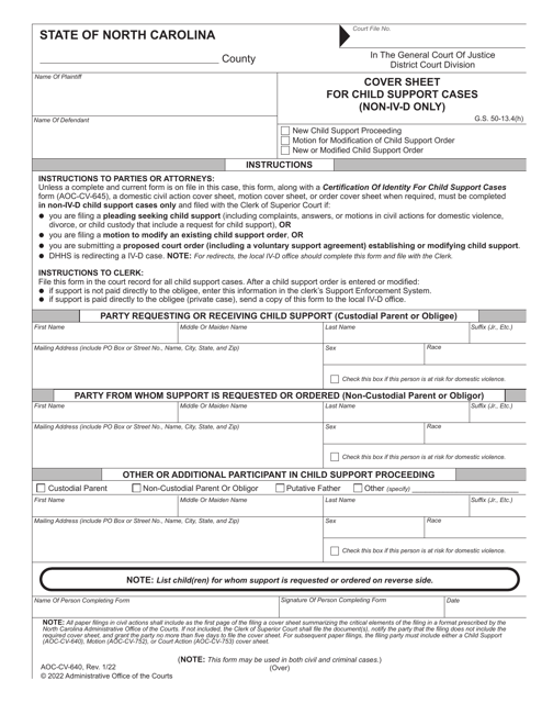 Form AOC-CV-640 Cover Sheet for Child Support Cases (Non-IV-D Only) - North Carolina
