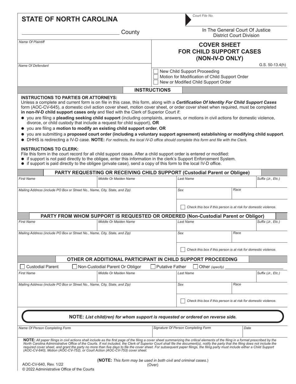 Form AOC-CV-640 Cover Sheet for Child Support Cases (Non-IV-D Only) - North Carolina, Page 1