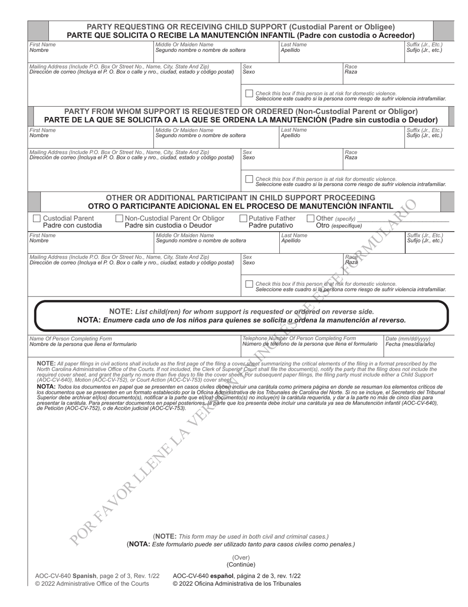 Form AOC-CV-640 Cover Sheet for Child Support Cases (Non-IV-D Only) - North Carolina (English / Spanish), Page 2