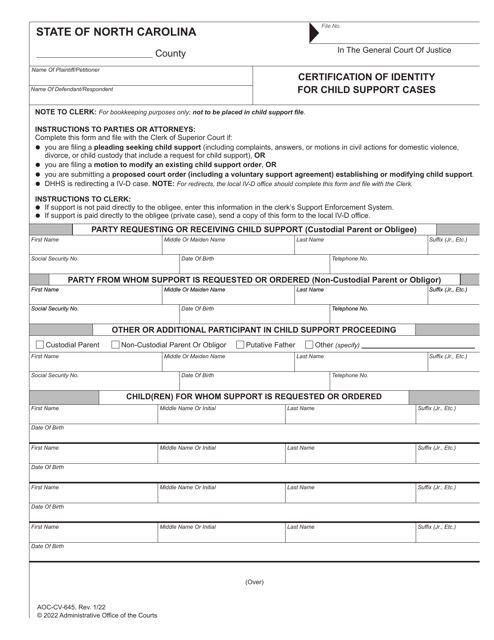 Form AOC-CV-645 Certification of Identity for Child Support Cases - North Carolina
