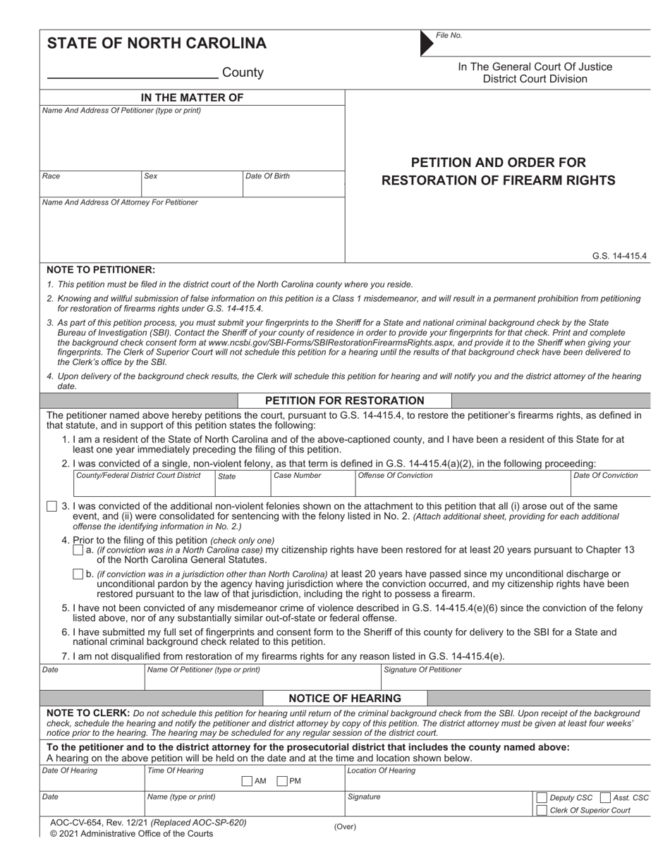 Form AOC-CV-654 Petition and Order for Restoration of Firearm Rights - North Carolina, Page 1