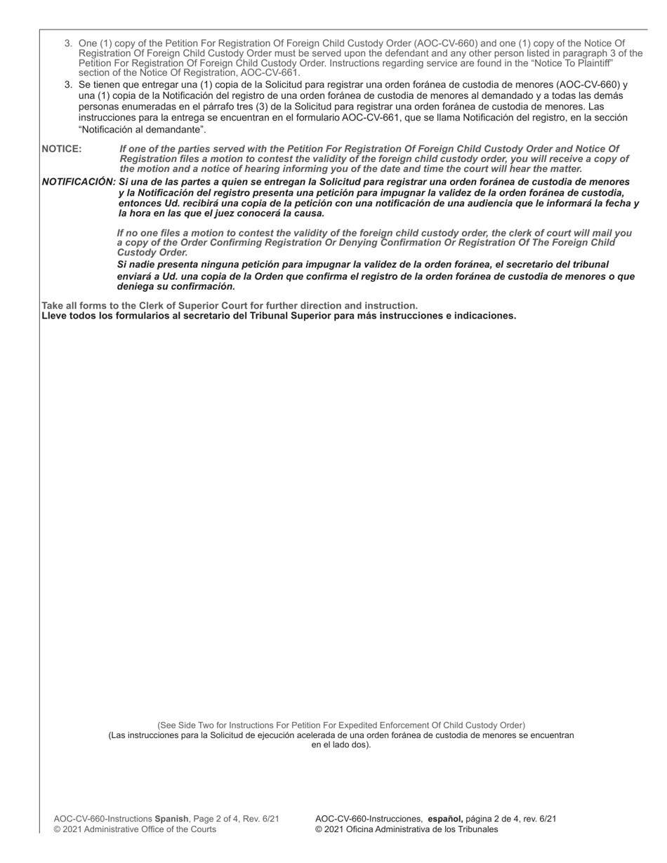 Instructions for Form AOC-CV-660 Petition for Registration of Foreign Child Custody Order - North Carolina (English / Spanish), Page 2