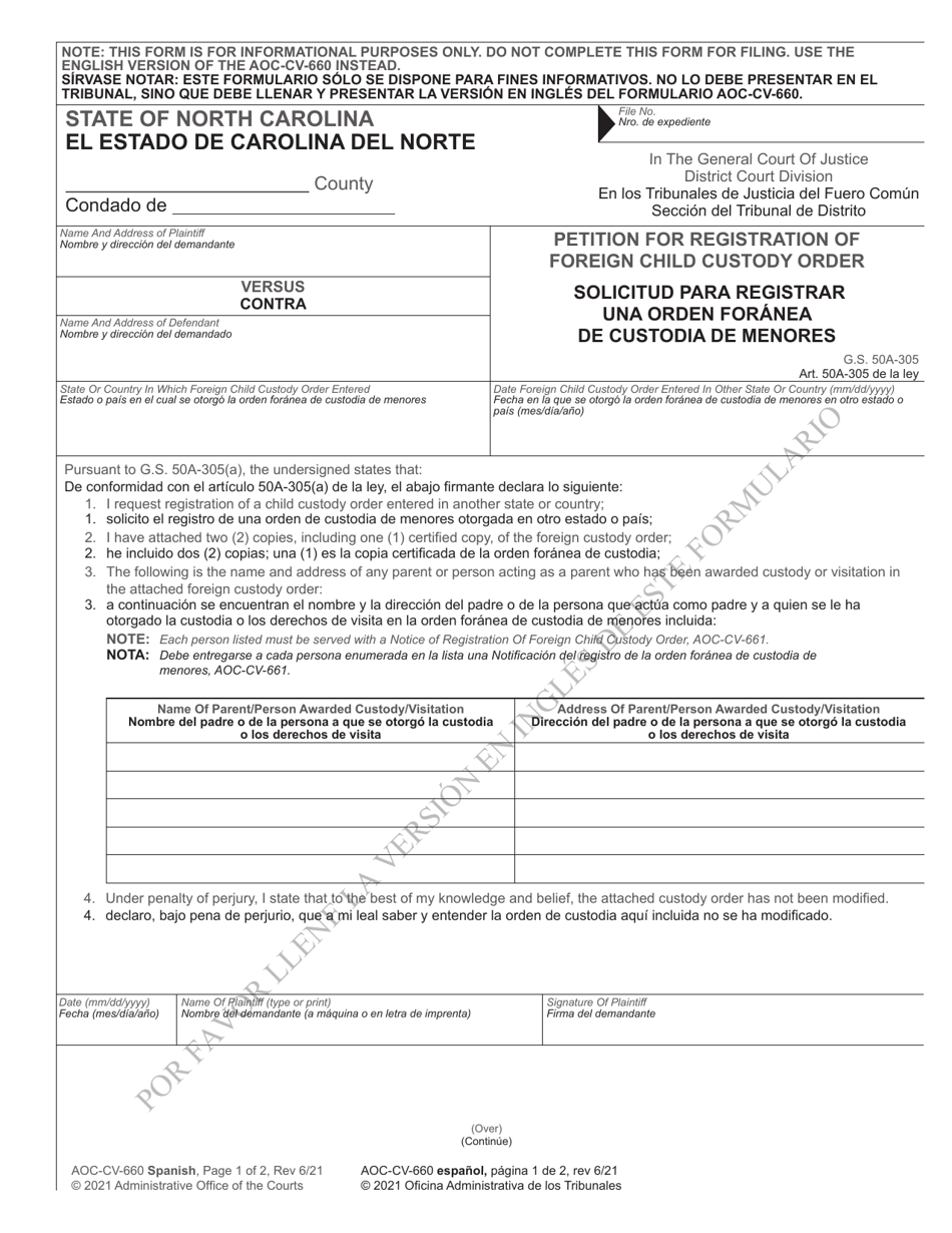 Form AOC-CV-660 Petition for Registration of Foreign Child Custody Order - North Carolina (English/Spanish), Page 1