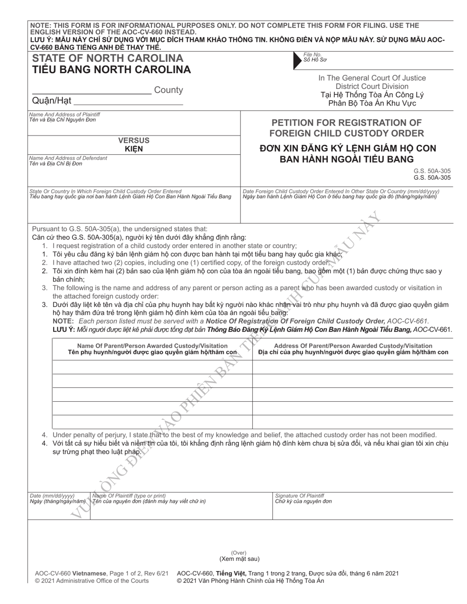 Form AOC-CV-660 Petition for Registration of Foreign Child Custody Order - North Carolina (English/Vietnamese), Page 1