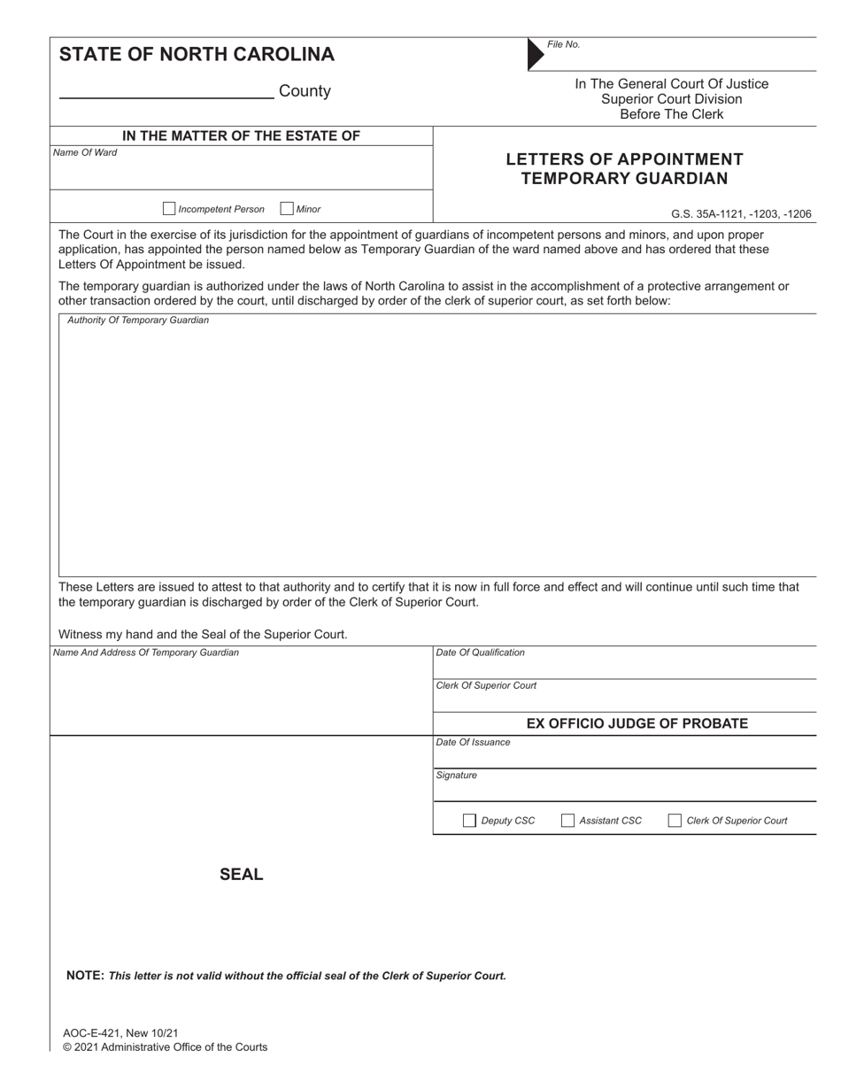 Form AOC-E-421 Letters of Appointment Temporary Guardian - North Carolina, Page 1