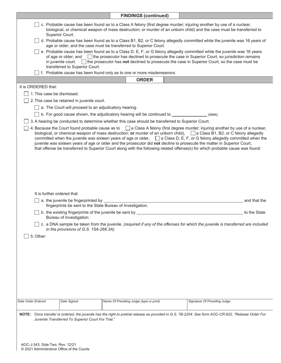 Form AOC-J-343 Juvenile Order - Probable Cause Hearing - North Carolina, Page 2