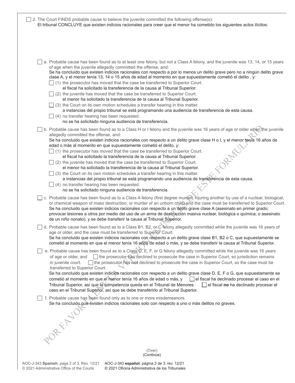 Form AOC-J-343 Juvenile Order - Probable Cause Hearing - North Carolina (English / Spanish), Page 2