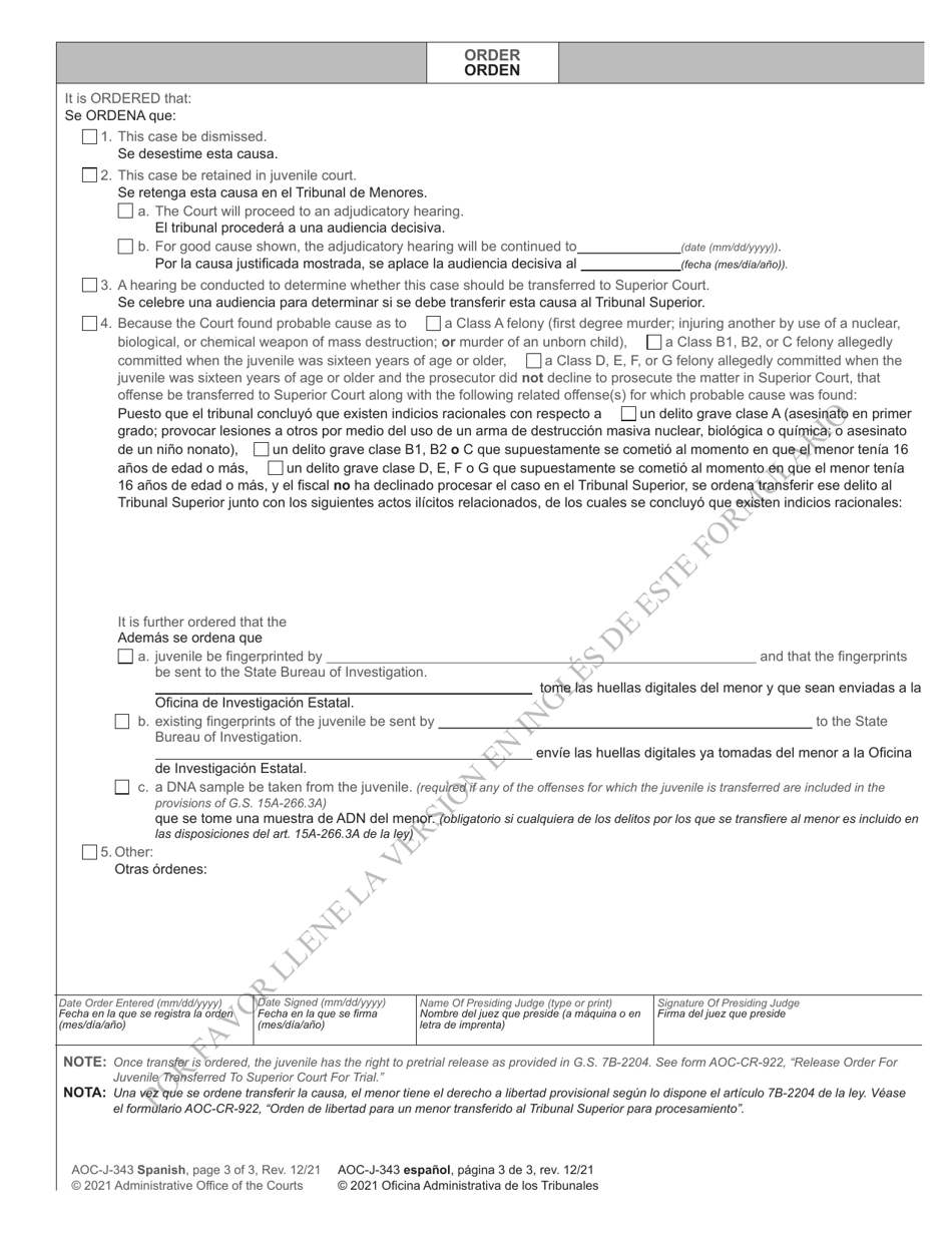 Form AOC-J-343 Juvenile Order - Probable Cause Hearing - North Carolina (English / Spanish), Page 3