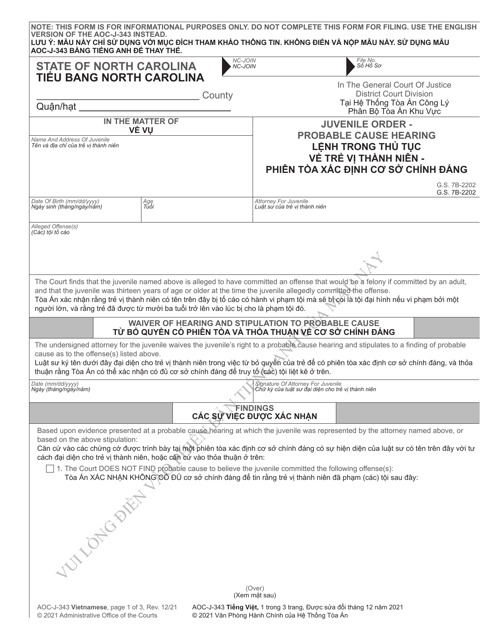 Form AOC-J-343 Juvenile Order - Probable Cause Hearing - North Carolina (English/Vietnamese)