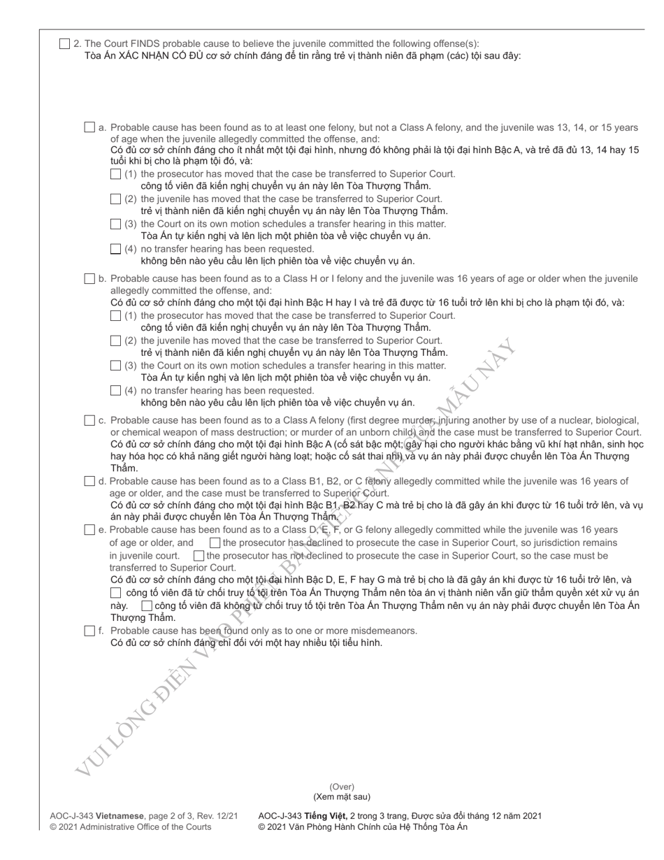 Form AOC-J-343 Juvenile Order - Probable Cause Hearing - North Carolina (English / Vietnamese), Page 2