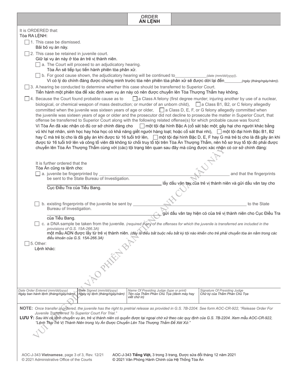 Form AOC-J-343 Juvenile Order - Probable Cause Hearing - North Carolina (English / Vietnamese), Page 3