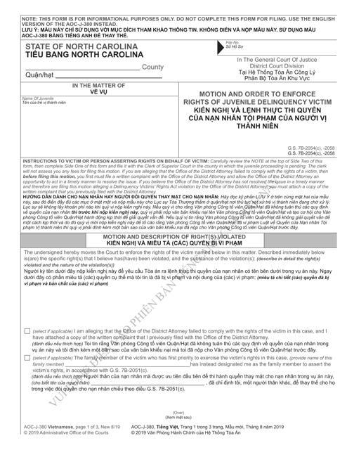 Form AOC-J-380 Motion and Order to Enforce Rights of Juvenile Delinquency Victim - North Carolina (English/Vietnamese)